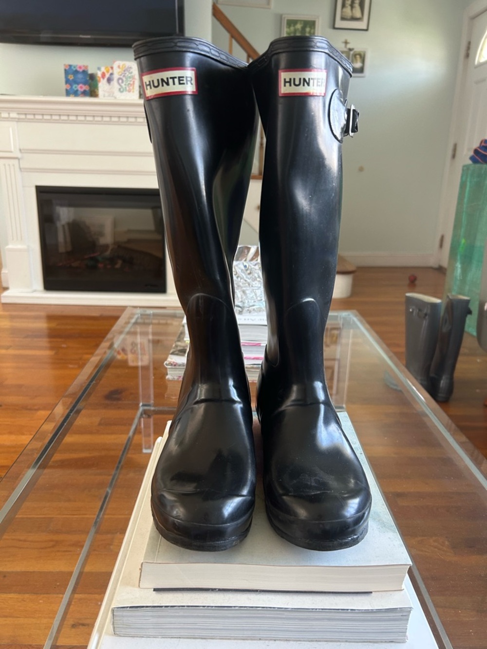Hunter Gloss Black Tall Rain Boots with Side Buckle